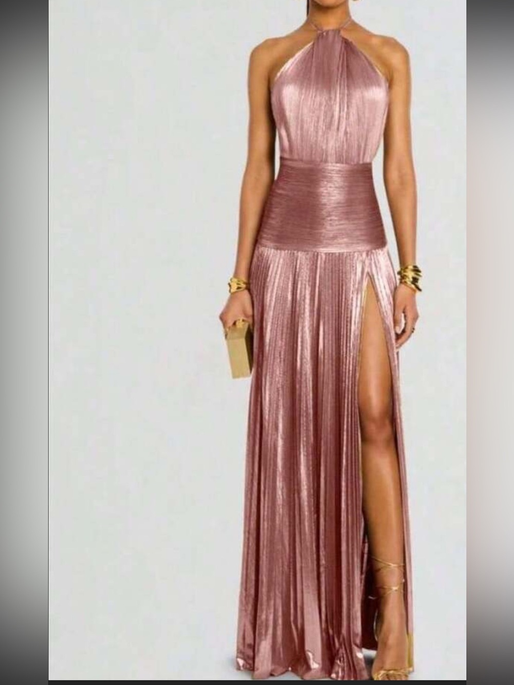 Halter Metallic Rose Maxi Dress with High Slit
